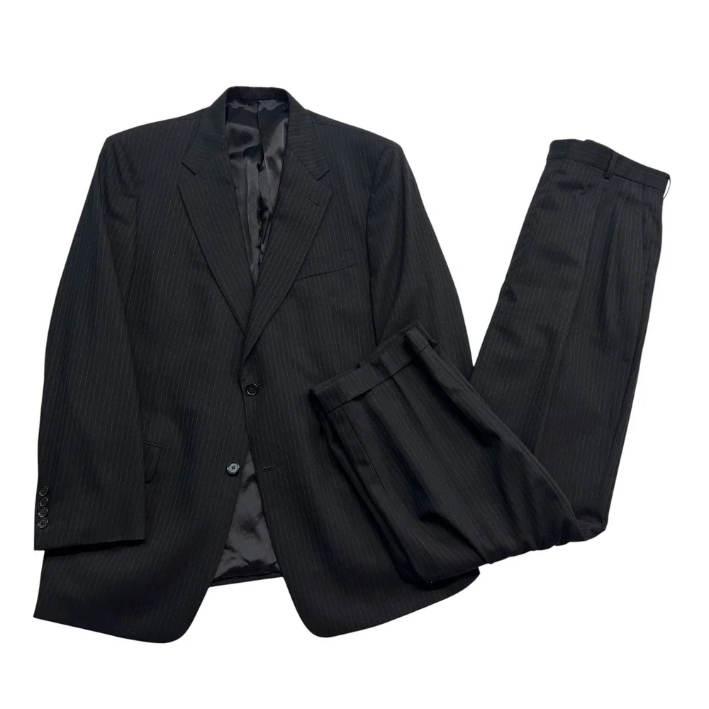 vtg Hart Schaffner Marx 42R 36x30 Black Pinstripe 2pc Pant Suit Pleated USA